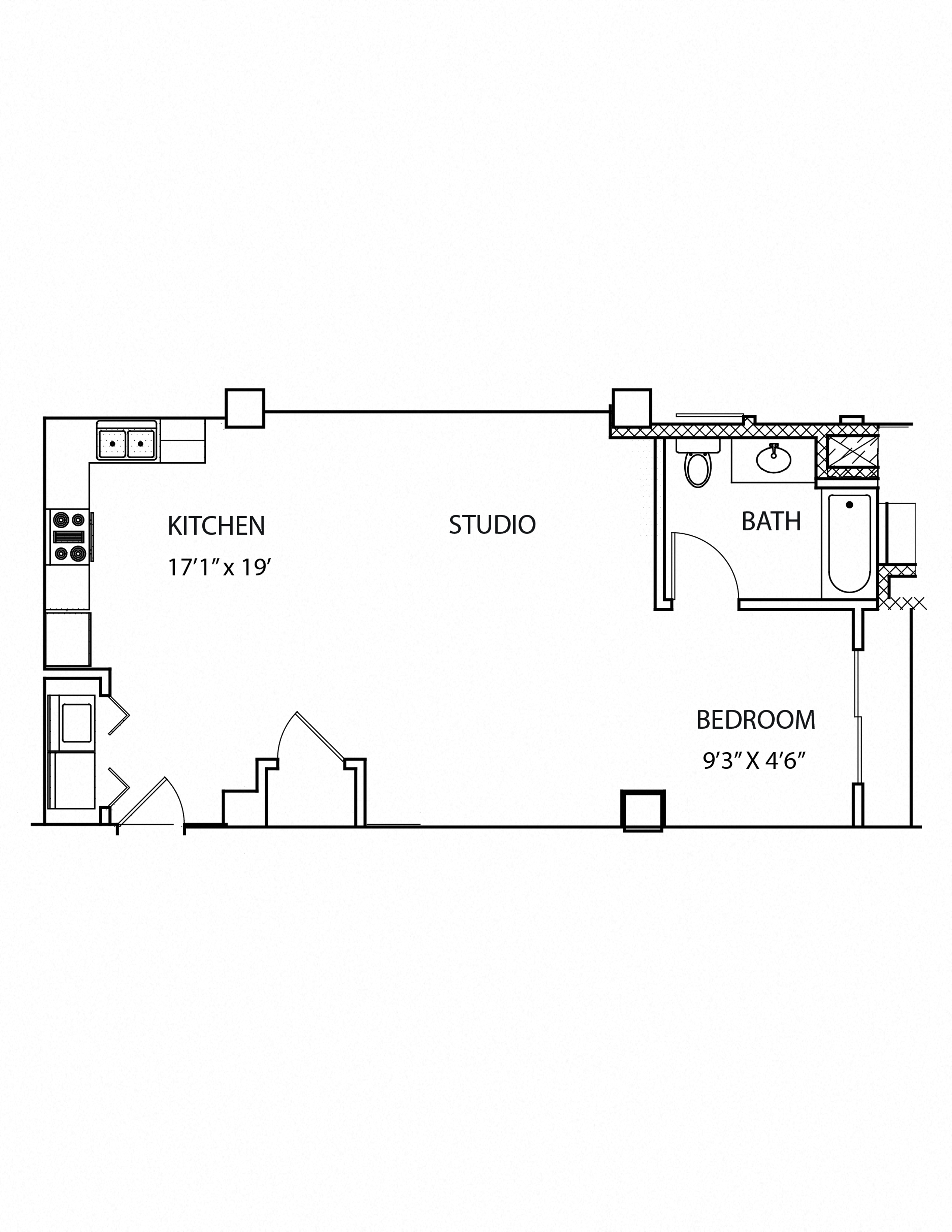 Floor plan for studio, 1 bath, 625 sqft